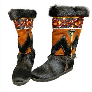 TECNICA Goat Fur Suede Boots Scandia Apres Tall Sherpa Lining Ski Aztec Tribal 9